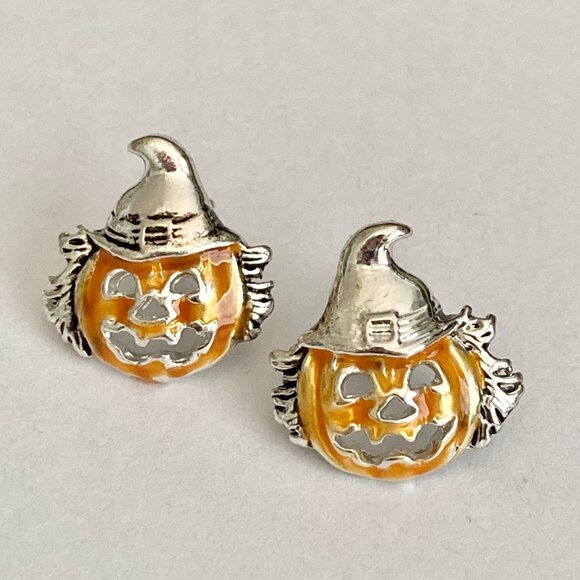 Vintage Jack O Lantern Pumpkin Post Stud Earrings Orange Halloween Scarecrow - Picture 7 of 10